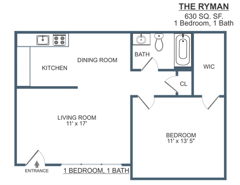 Floor plan for 1 bed, 1 bath, 630 sqft